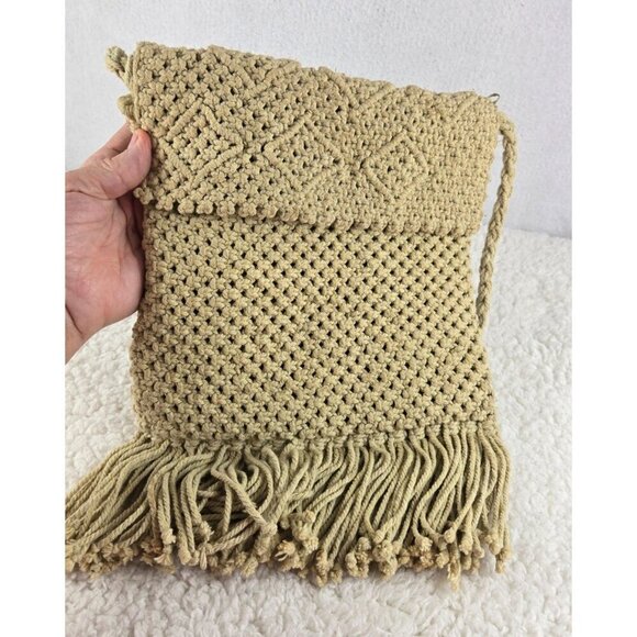 VTG Macrame Ivory Crossbody Handbag Purse Crochet Fringe Hippie Boho Zipper - Picture 3 of 10